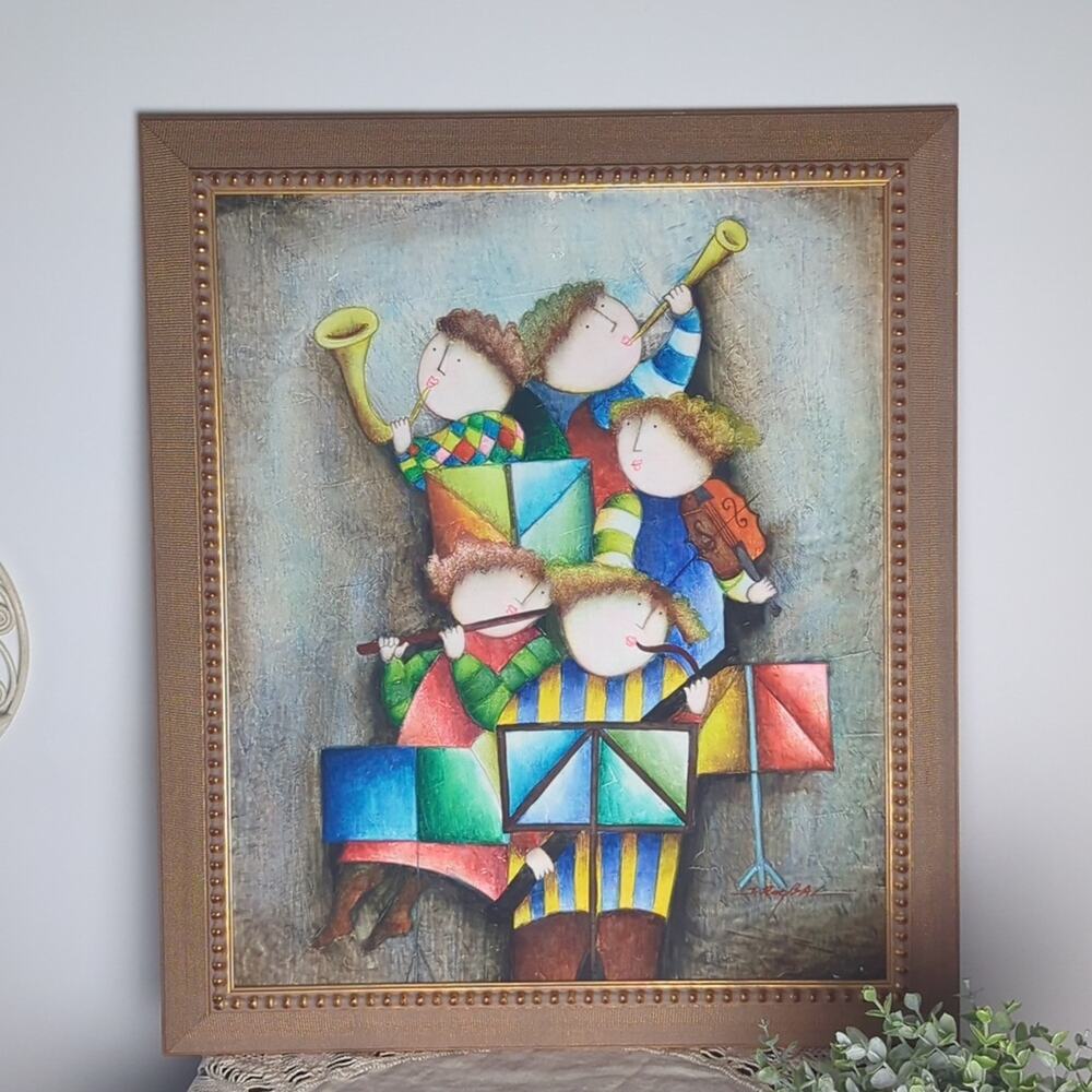 Vintage Roybal Style Musicians Painting Framed Canvas Whimsical Folk Art 24x28